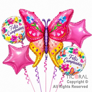 SET DE GLOBOS METALIZADO MARIPOSA CON FLORES FELIZ CUMPLEA�OS 5 UNIDADES